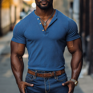 Men's Casual Cotton Elastic Rib Henley Collar Slim Fit Short Sleeve T-Shirt