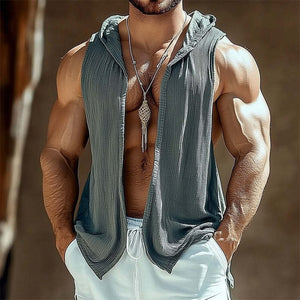 Dunkelgraues strukturiertes Tanktop mit Kapuze und aufgeknöpftem Kragen für Herren