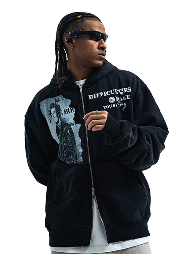 Washed Distressed Retro Portrait Print Double Zipper Hoodie