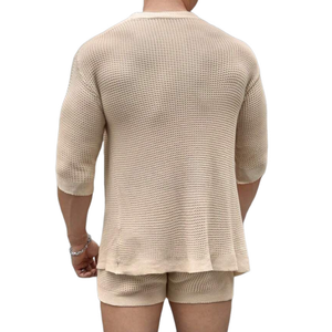 Men's Casual Mid-Sleeve Cardigan Elastic Waist Shorts Knitted Set