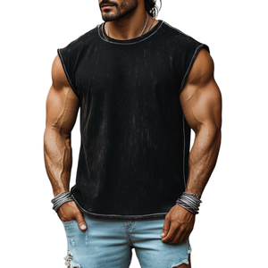 Men's Vintage Denim Heavy Wash Loose Round Neck Tank Top