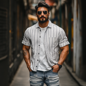 Men's Casual Cotton Linen Striped Lapel Single Breasted Loose Short Sleeve Shirt