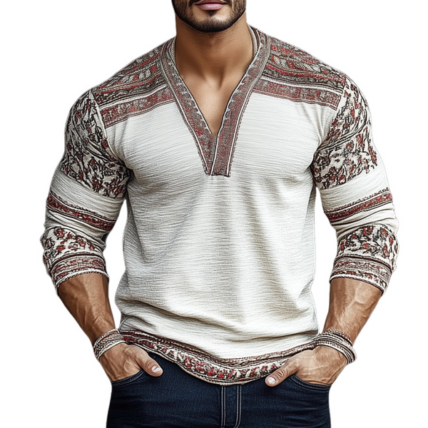Men's Retro Colorblock Printed Wrinkled V-Neck Long Sleeve T-Shirt