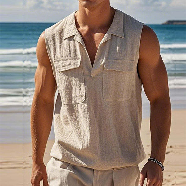 Men's Vintage Solid Color Linen Lapel Pocket Tank Top