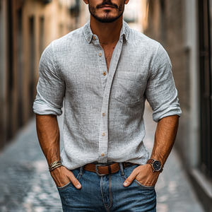 Lässiges Herrenhemd aus Leinen mit Revers und schmaler Passform, aufgesetzte Tasche, Langarm