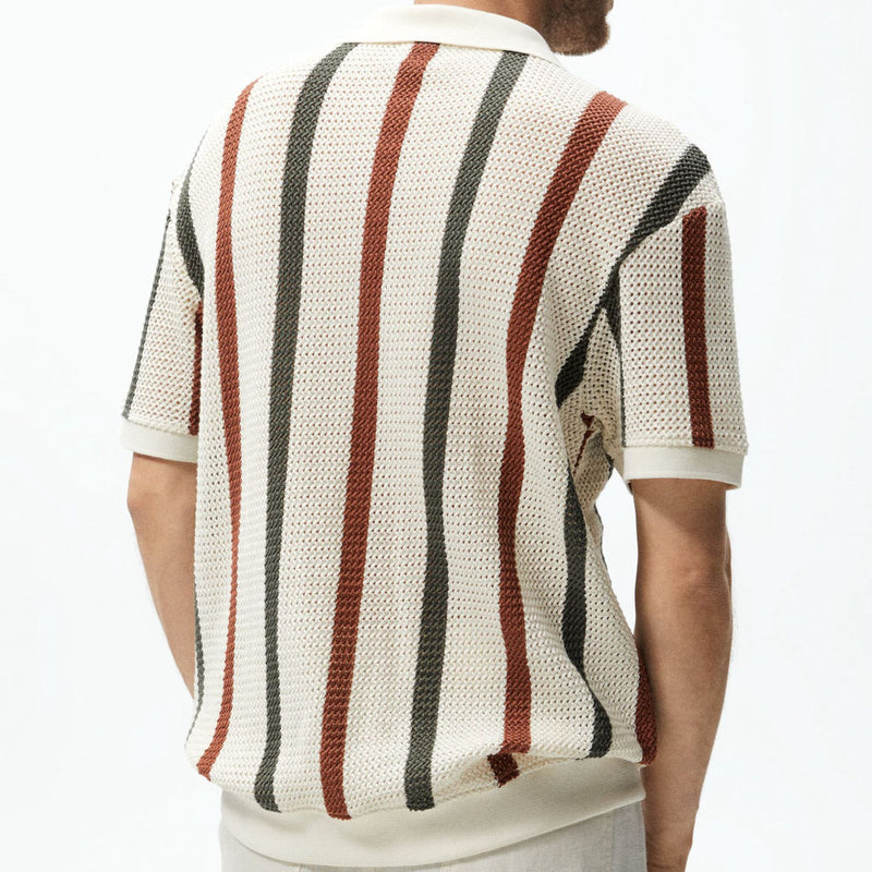 THICK NEEDLE HOLLOWED OUT STRIPED CONTRASTING WOOLEN CASUAL POLO SHIRT