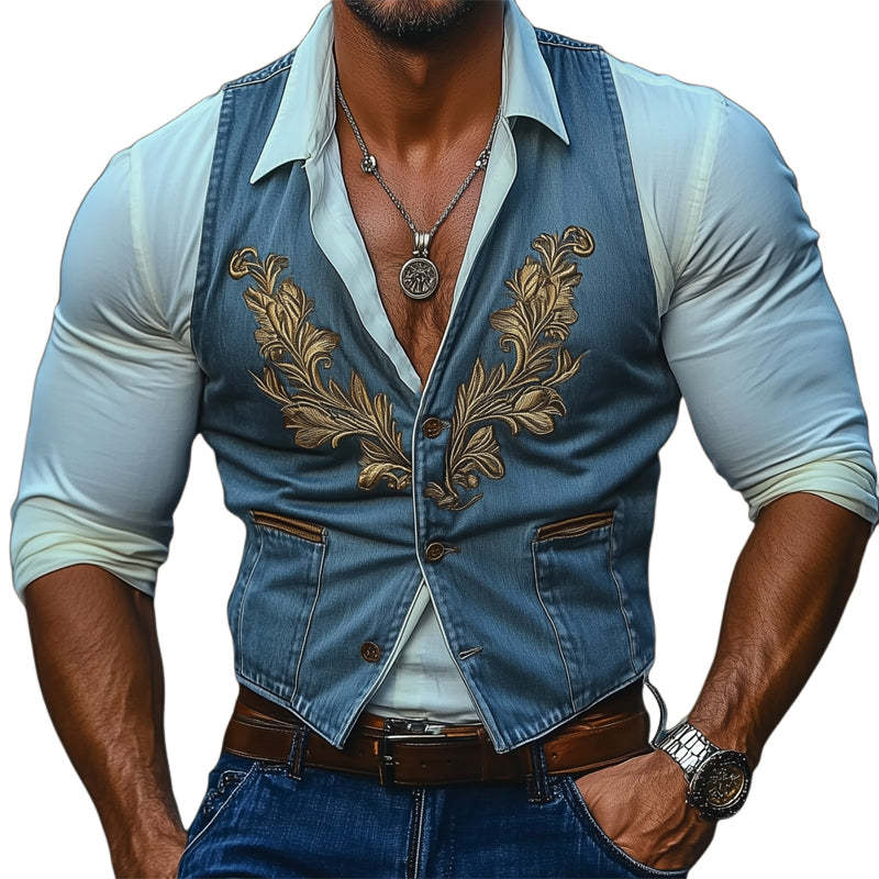Vintage-Denimweste mit Stickerei und drei Knöpfen für Herren