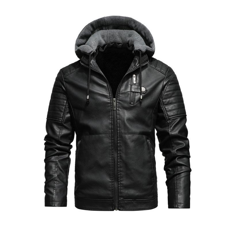 Herren Vintage Kapuzenfleece Warm Reißverschluss Slim Fit Lederjacke