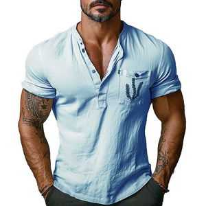 Men's Casual Pocket Print Henley Neck Short Sleeve T-Shirt