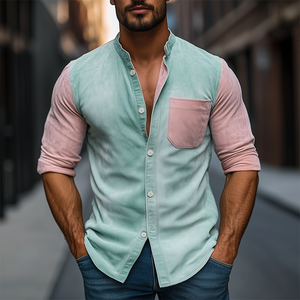 Men's Spring Fashion Casual Contrast Color Stitching Stand Collar Suede Long Sleeve Shirt