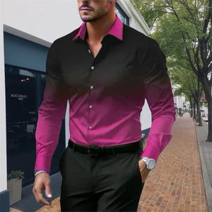 Men's Gradient Lapel Button Loose Long Sleeve Shirt