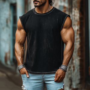 Men's Vintage Denim Heavy Wash Loose Round Neck Tank Top