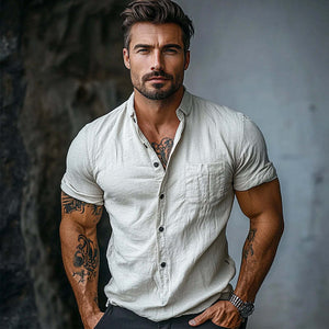 Men's Casual Solid Color Cotton Short Sleeve Shirt