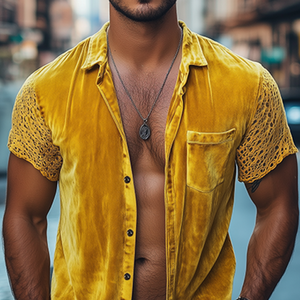 Men's Spring Fashion Personalized Lace Splicing Velvet Slim Fit Short Sleeve Shirt