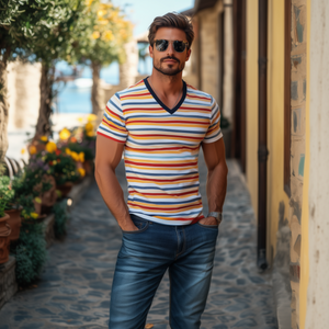 Men's Classic Casual Contrast Striped Patchwork Cotton Slim Fit T-shirt