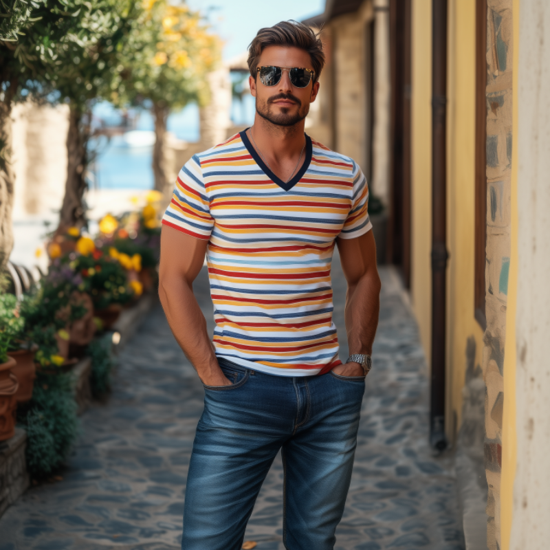 Klassisches, lässiges Slim Fit-T-Shirt aus Baumwolle mit kontrastierenden Streifen im Patchwork-Stil für Herren