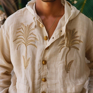 Herren-Kapuzenhemd aus Leinen mit Palmblatt-Stickerei 