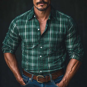 Men's Vintage Dark Green Long Sleeve Check Shirt