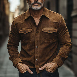 Men's Vintage Brown Suede Long Sleeve Shirt