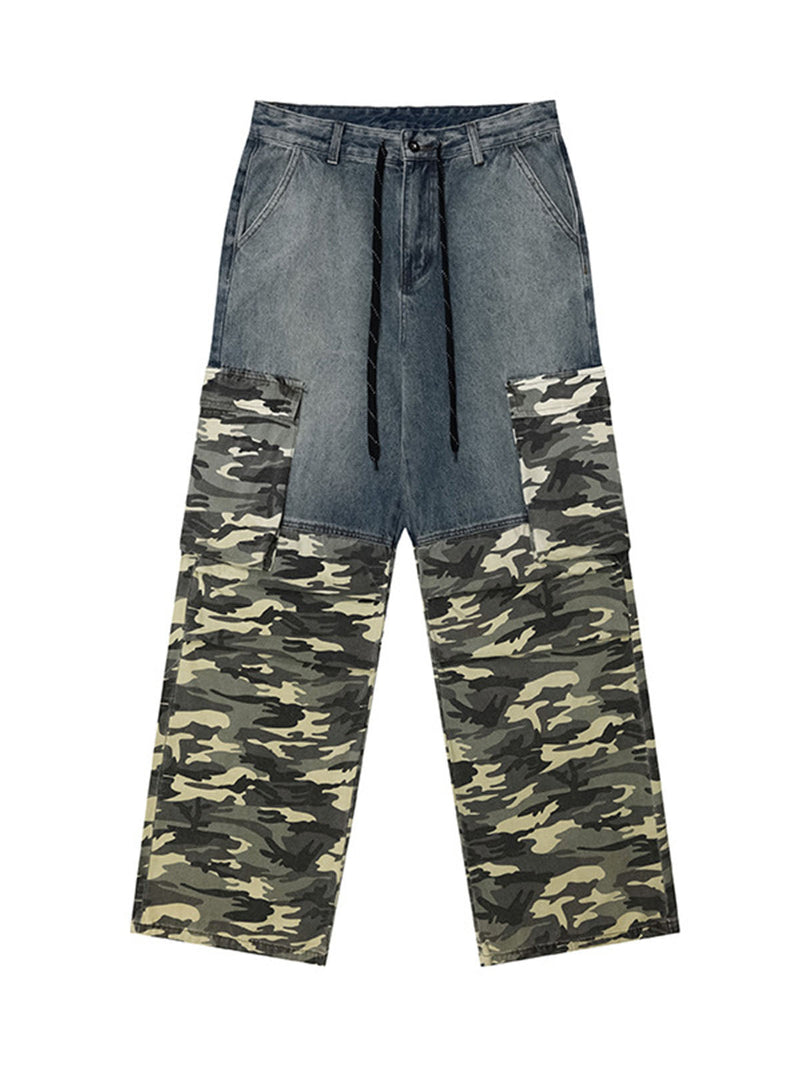 Drawstring Washed Camouflage Cargo Jeans