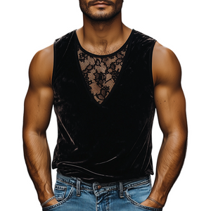 Men's Fashion Casual Round Neck Lace Stitching Velvet Tank Top