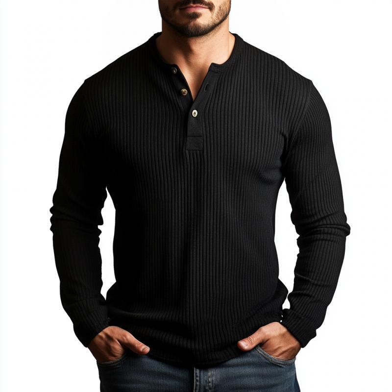 Men's Casual Rib Stripe Henley Neck Slim Fit Long Sleeve T-Shirt
