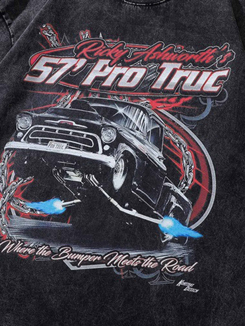 Vintage Car Print Washed Short-sleeved T-shirt