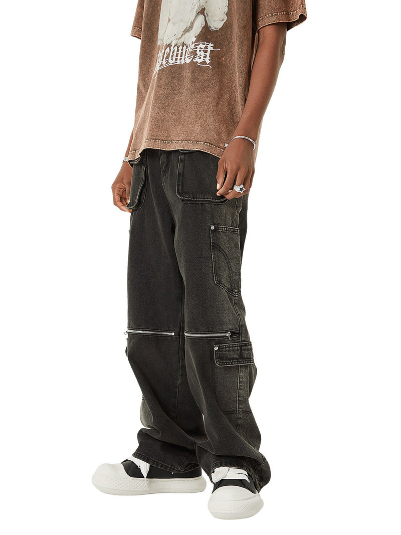 Multi-pocket Zipper Design Washed Hip-Hop Jeans