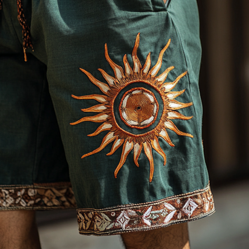 Men's Retro Ethnic Style Sun Embroidery Casual Linen Shorts