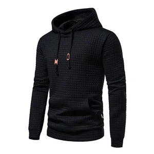 MEN'S CASUAL LARGE POCKET PULLOVER, SMALL SQUARE JACQUARD SOLID COLOR HOODED SWEATSHIRT