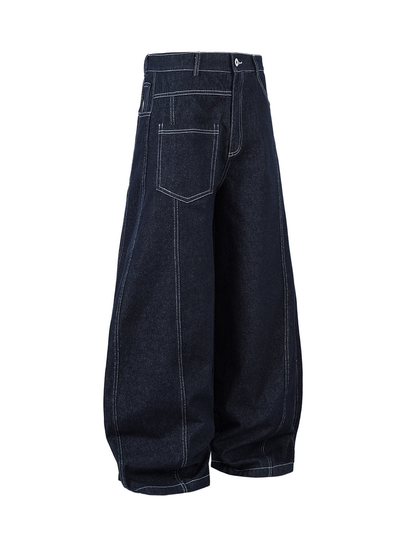 Deconstructed Contrast Stitching Barrel Jeans