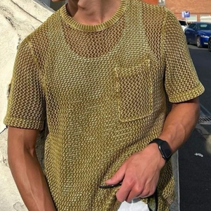 Men's Casual Round Neck Hollow Loose Knitted Short Sleeve Sweater T-Shirt (Tank Top Excluded)