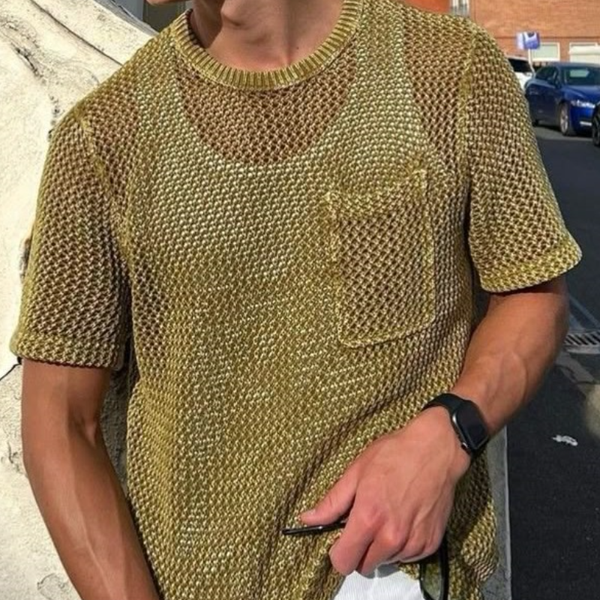 Men's Casual Round Neck Hollow Loose Knitted Short Sleeve Sweater T-Shirt (Tank Top Excluded)