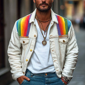 Men's Rainbow Fabric Patchwork White Denim Jacket
