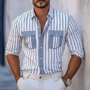 Lässiges Herrenhemd mit Streifenmuster, Revers, Brusttasche, Slim Fit, Langarm