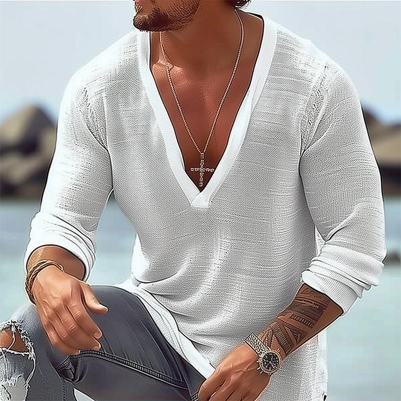 Men's Casual Cotton Linen V-neck Loose Long Sleeve T-shirt