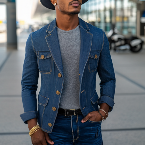 Men's Retro Notched Lapel Denim Single Breasted Multi-Pocket Slim Fit Blazer