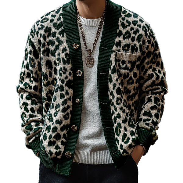 Herren-Cardigan im Vintage-Stil mit Leopardenmuster und Jacquard-Farbblockmuster, einreihig