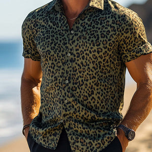 Men's Vintage Leopard Print Cotton And Linen Short Sleeve Shirt