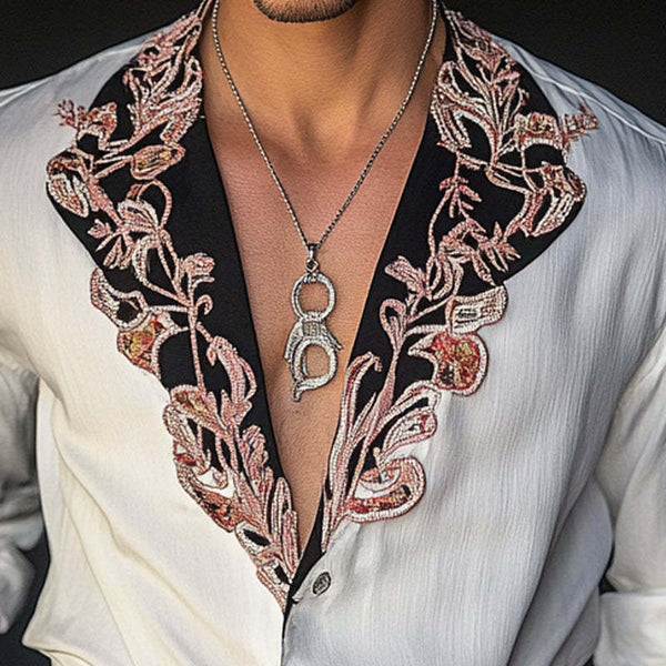 Herren-Langarmhemd mit Vintage-Stickerei und Kontrast 