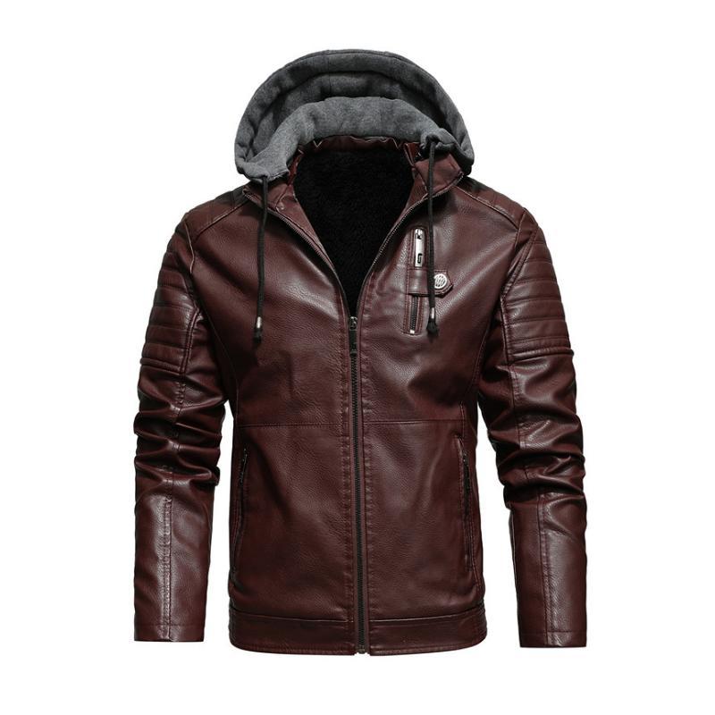 Herren Vintage Kapuzenfleece Warm Reißverschluss Slim Fit Lederjacke