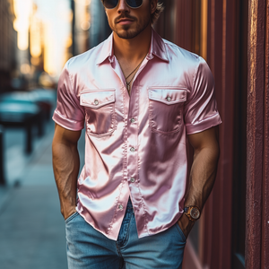 Men's Spring Fashion Casual Satin Shiny Fabric Short Sleeve Shirt