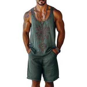 Men's Casual Linen Flower Embroidery U-Neck Loose Tank Top Elastic Waist Shorts Set