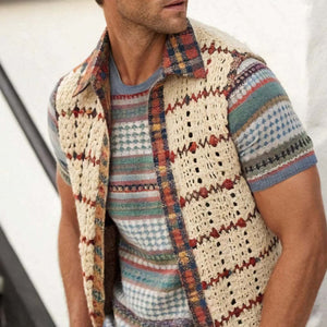 Men's Vintage Apricot Knitted Lapel Mesh Vest