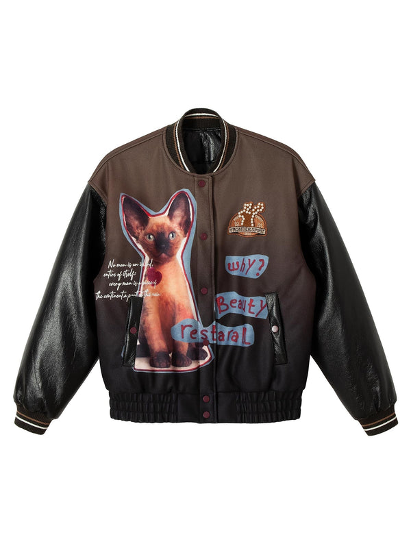 Siamese Cat Embroidery Leather Bomber Jacket