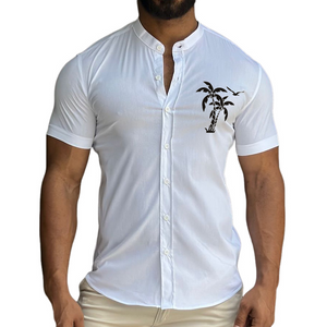 Herren Retro Casual Coconut Tree Print Stehkragen Kurzarmhemd