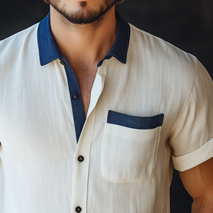 Herren Retro Casual Leinen Colorblock Einfaches Revers Tasche Kurzarmhemd
