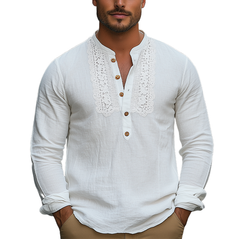 Herren Frühlingsmode Klassisches Henley-Kragen Spitzennähte Langarmhemd aus Baumwolle und Leinen