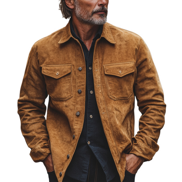 Herren Vintage Khaki Wildleder Langarmhemd