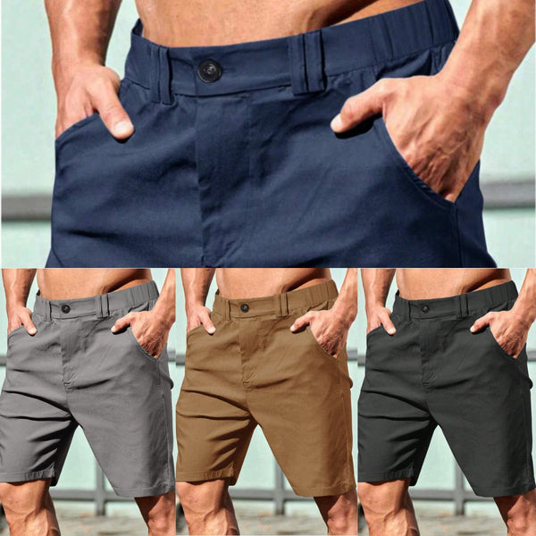 MEN'S SOLID COLOR CASUAL ELASTIC WAIST ZIPPERED POCKET SHORTS